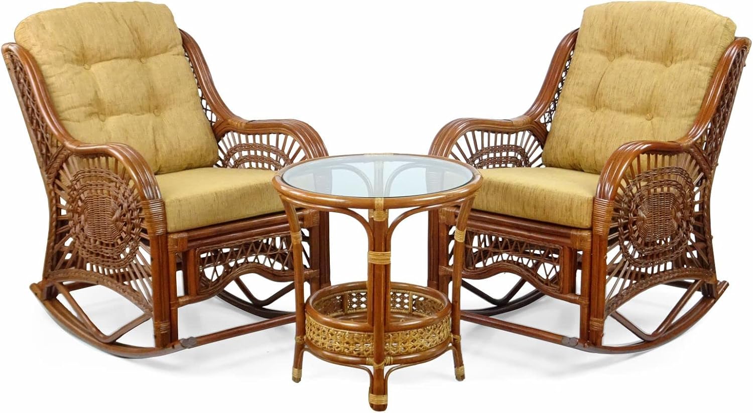 Wickerix Malibu Handmade Natural Rattan Living Room Set of 2 Rocking Lounge Chairs with Light Brown Cushions and Round Coffee Table with glass Colonial (Light Brown Color)