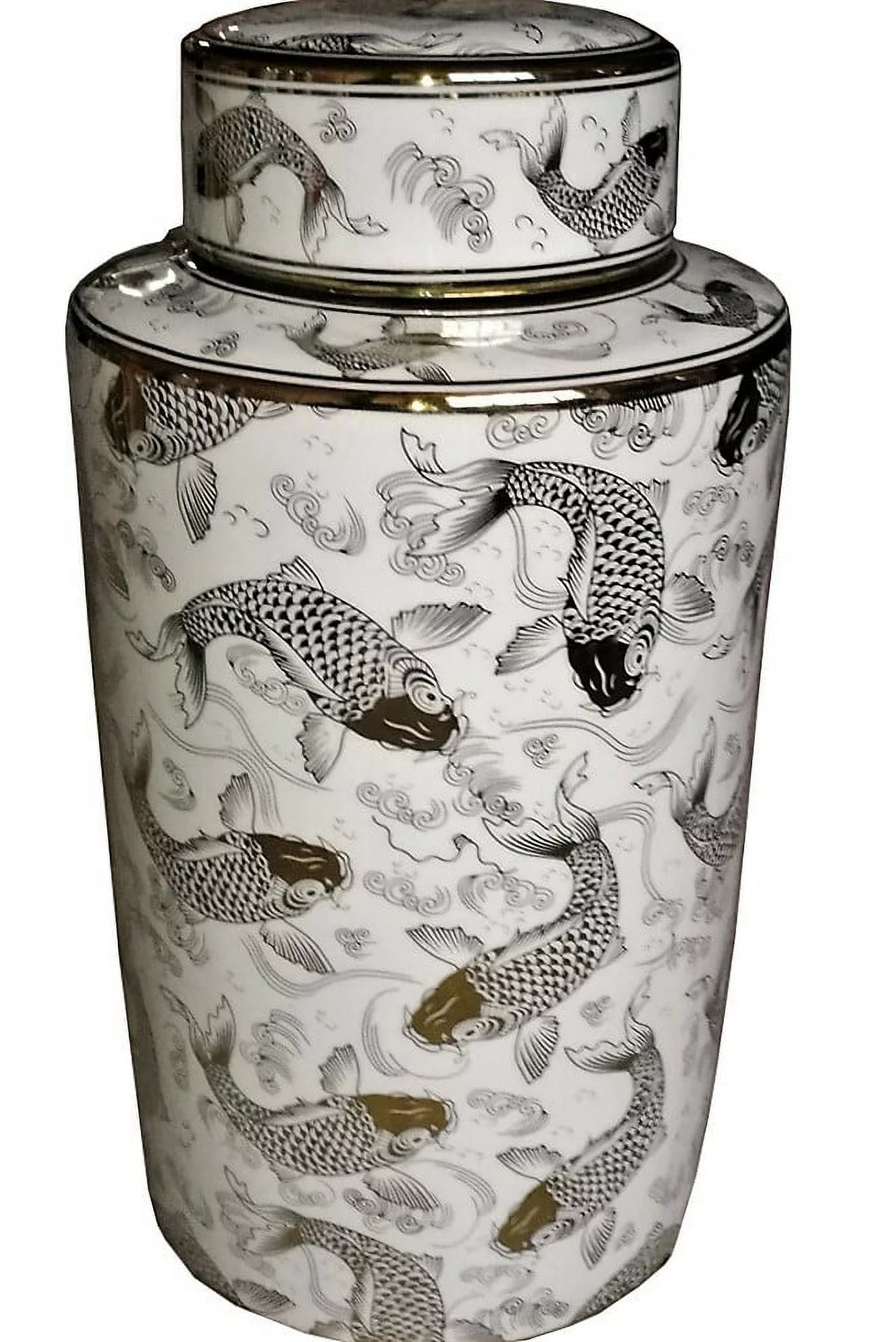 Porcelain Canister with Flowing Waters and Koi in White and Gold Glaze - Oriental Furniture Warehouse