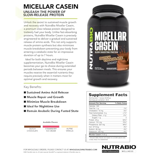 NutraBio Micellar Casein - Protein Powder, 2 lbs Alpine Vanilla - Slow Digesting - Muscle Growth - Essential Amino Acids - Non-GMO - Gluten & Soy Free