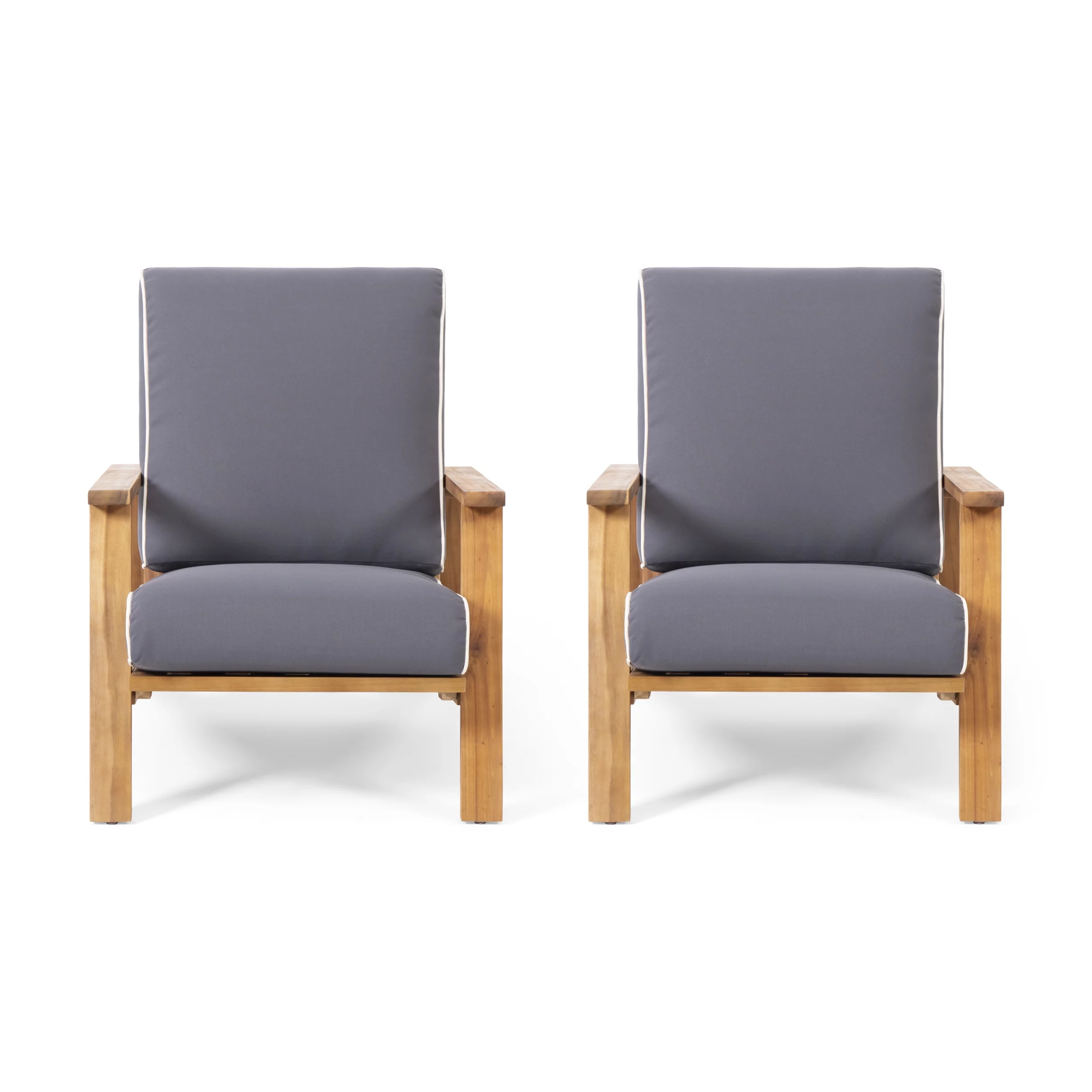 Reyna Outdoor Acacia Wood Club Chairs with Cushions, Set of 2, Teak, Dark Gray