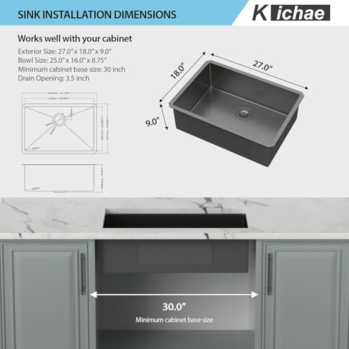 Kichae 12“ Deep Laundry Sink Undermount - 24 Inch Black Undermount Utility Sink Stainless Steel Single Bowl Under Counter Handmade Laundry Utility Room Basin