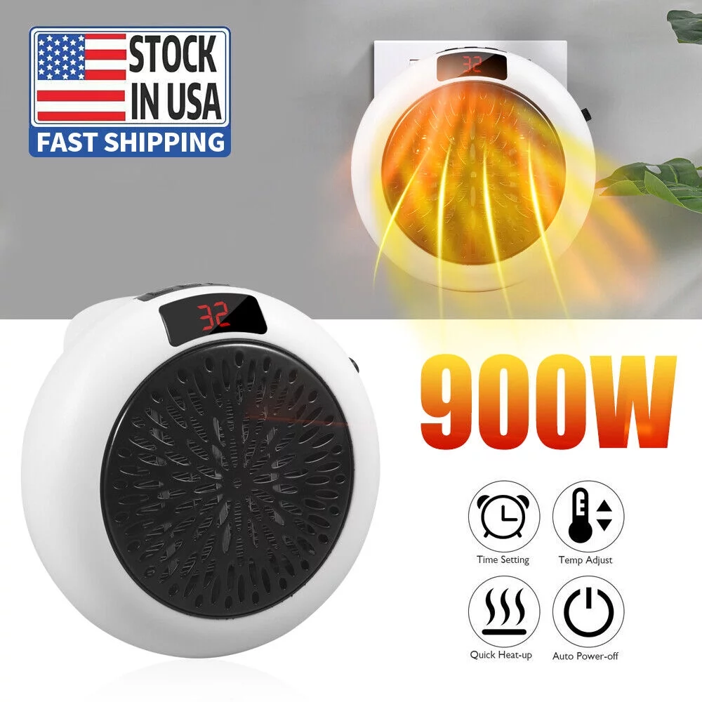 JahyShow Plug-in Electric Heater Fan - 900W Wall Sockets with Remote Timer - Digital Thermostat