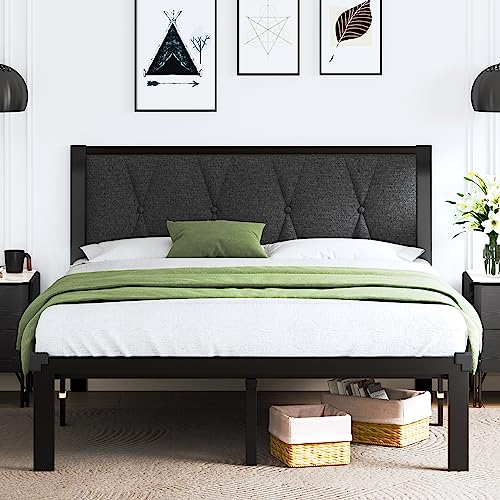 Feonase Full Size Metal Bed Frame with Fabric Button Tufted Headboard, Platform Bed Frame with Heavy Duty Metal Slats, 12