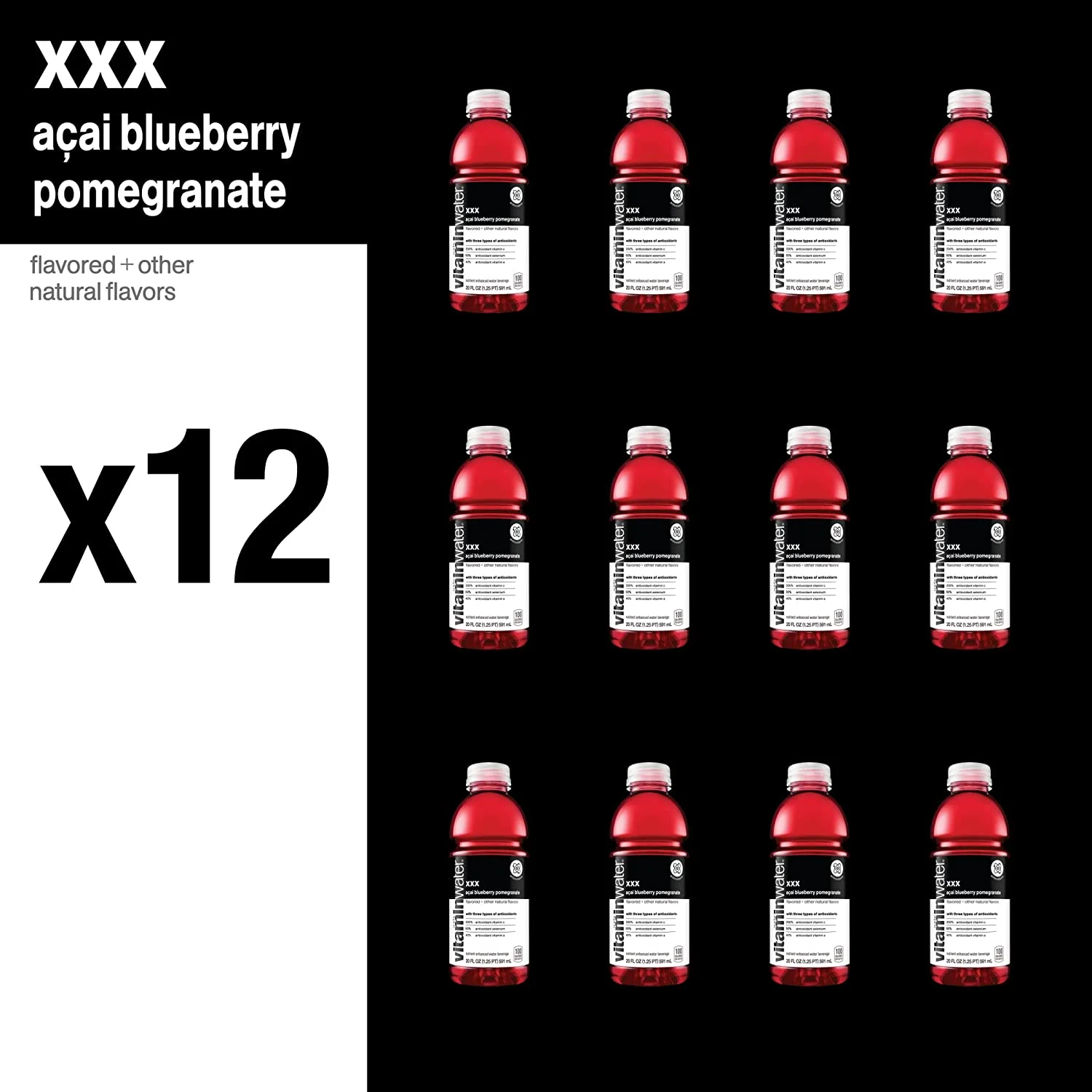 xxx, electrolyte enhanced water w/ vitamins, açai-blueberry-pomegranate drinks, 20 fl oz, 12 Pack