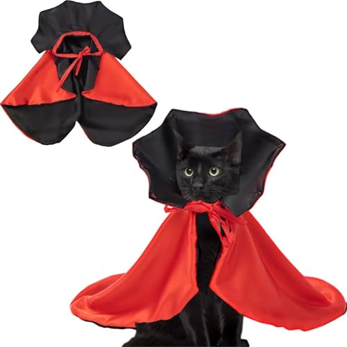 Halloween Cat and Dog Vampire Costume, Halloween Pet Cape Devil Costume Adjustable Red Black Cape(Black red,M 8-11kg)