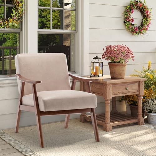 Rovibek Upholstered Accent Chair with Arms - Mid Century Modern Accent Chairs with Wood Frame, Upholstered Arm Chairs with 5.9in Thick Foam, Beige Occasional Chair, Set of 2