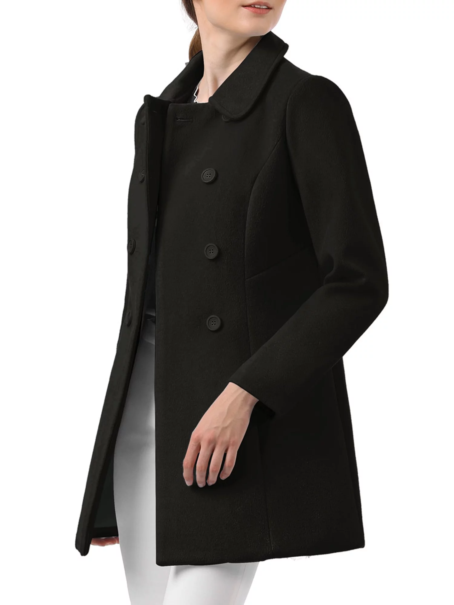 Unique Bargains Women's Peter Pan Collar Double Breasted Winter Trench Coat XS Black