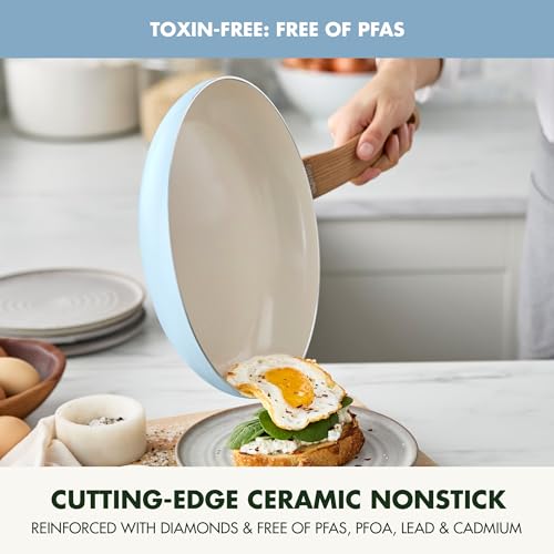 GreenPan Rio Essence Wood 10 Piece Cookware Pots and Pans Set, Healthy Ceramic Nonstick, PFAS PFOA Free Coating, Induction, Silicone Rim Lids, Stay-Cool Wood Print Handles, Dishwasher Safe, Blue