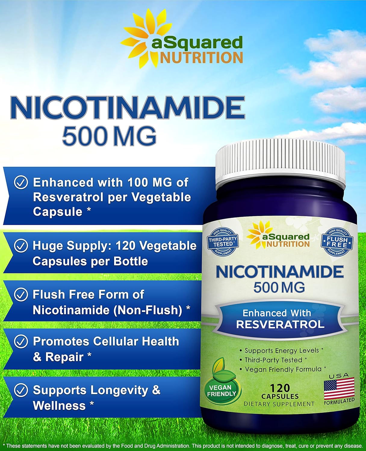 aSquared Nutrition Nicotinamide with Resveratrol - 120 Veggie Capsules - Vitamin B3 500mg (Niacinamide Flush Free) - Supplement Pills to Support NAD, Skin Cell Health & Energy