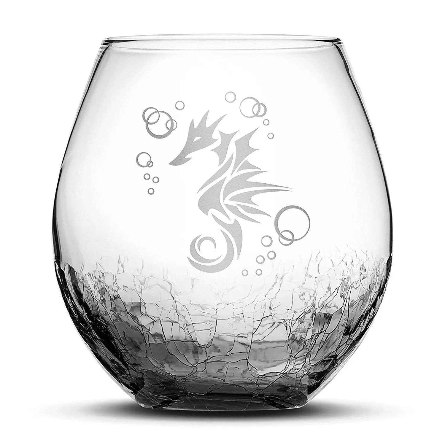 Tribal Seahorse Design Stemless Wine Glass, Handmade, Handblown, Hand Etched Gifts, Sand Carved, 18Oz (Crackle Smoke)