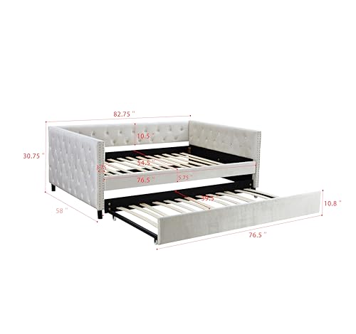 Upholstered Daybed with Trundle, Upgraded Velvet Upholstered Twin Size Day Bed Button-Tufted Sofa Daybed Frame, No Box Spring Needed, Furniture for Bedroom Living Room Guest Room (Twin Size, Beige)