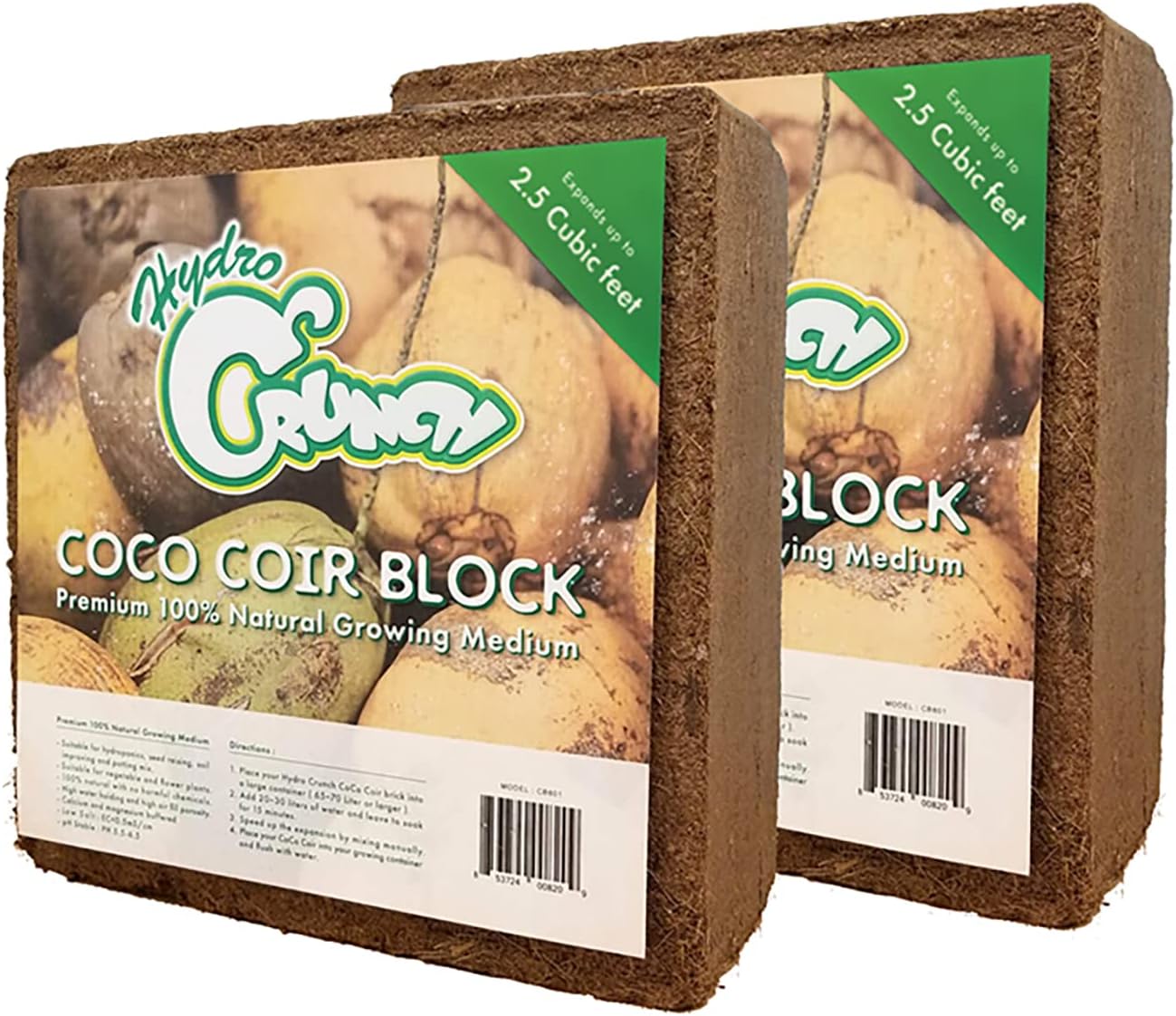 Hydro Crunch CB801-2PK Coco Coir Block 2.5 Cubic Ft Block (2-Pack), Brown