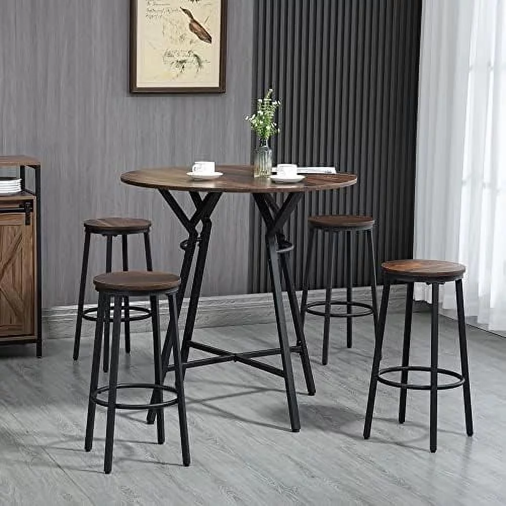 Industrial 5-Piece Bar Table And Chairs Set, Space Saving Dining Table With 4 Stools For Pub And Kitchen, Black & Brown