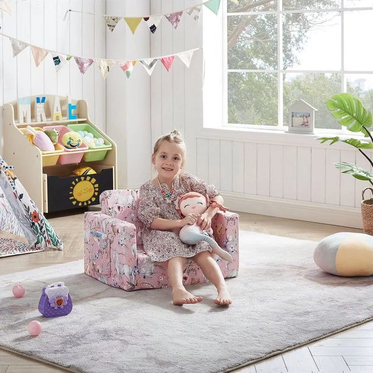 Ulax Furniture Convertible Kids Chair 2-in-1 Flip Open Toddler Couch/Sleeper Sofa for Kids (Pink Unicorn)