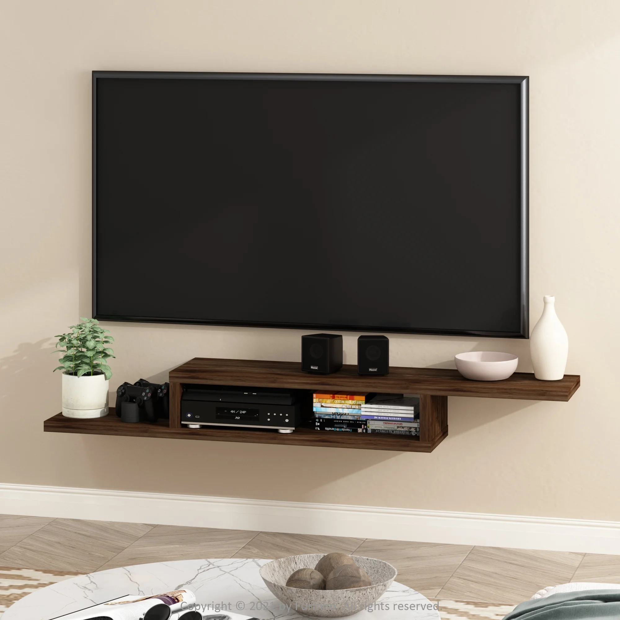 Furinno Indo Wall Mounted Floating Media Console, 60 inch, Columbia Walnut