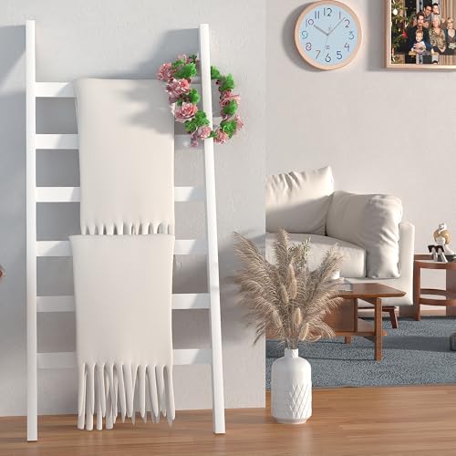 Blanket Ladder, 6 Tier Blanket Holder, 68.9 Inch Tall Blanket Rack, Ladder Shelf Against The Wall, Rustic Bamboo Quilt Rack Stand in Bathroom, Living Room, Bedroom, White