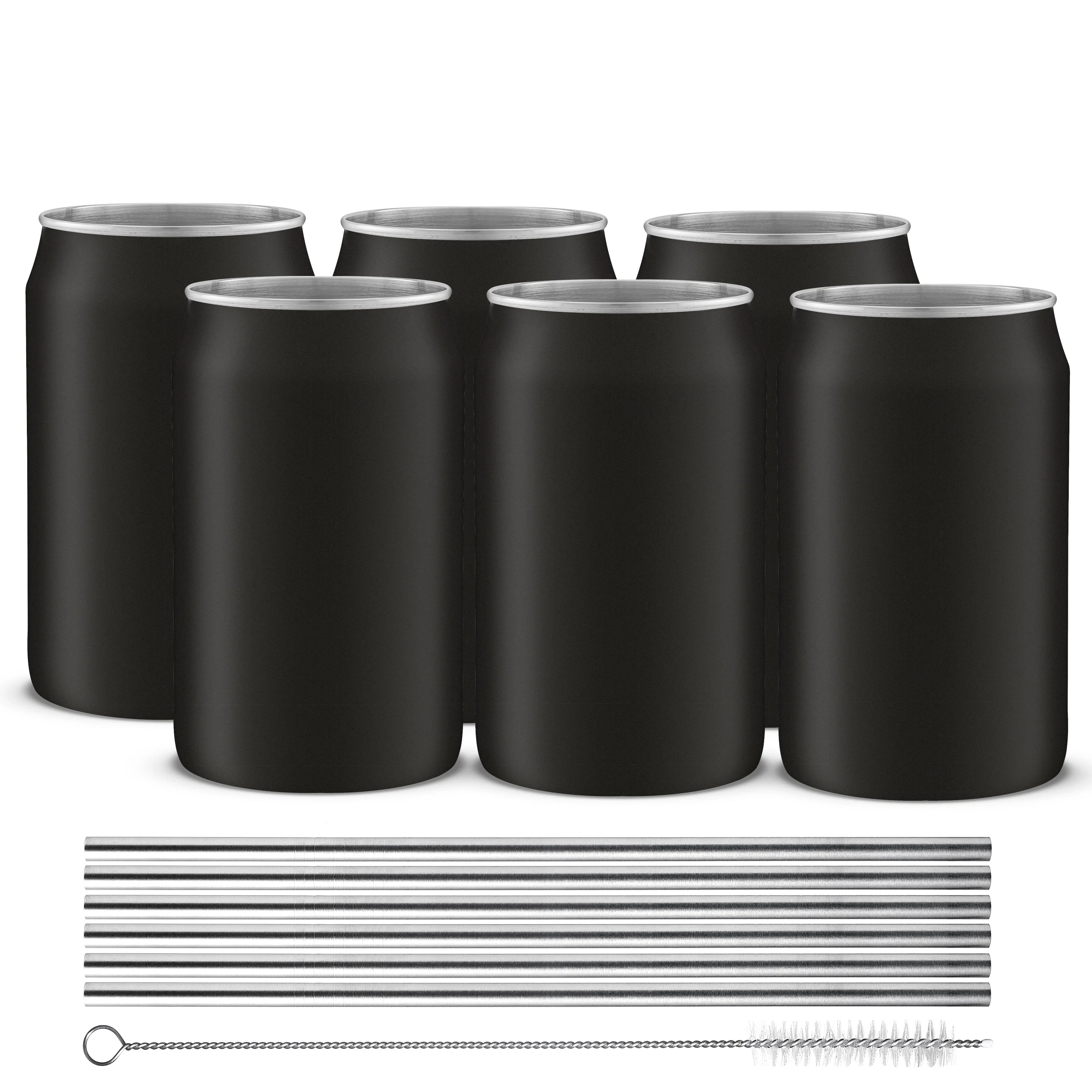 Stainless Steel Can Drinking Tumblers with 6 Straws & Brush- 16 oz - Black