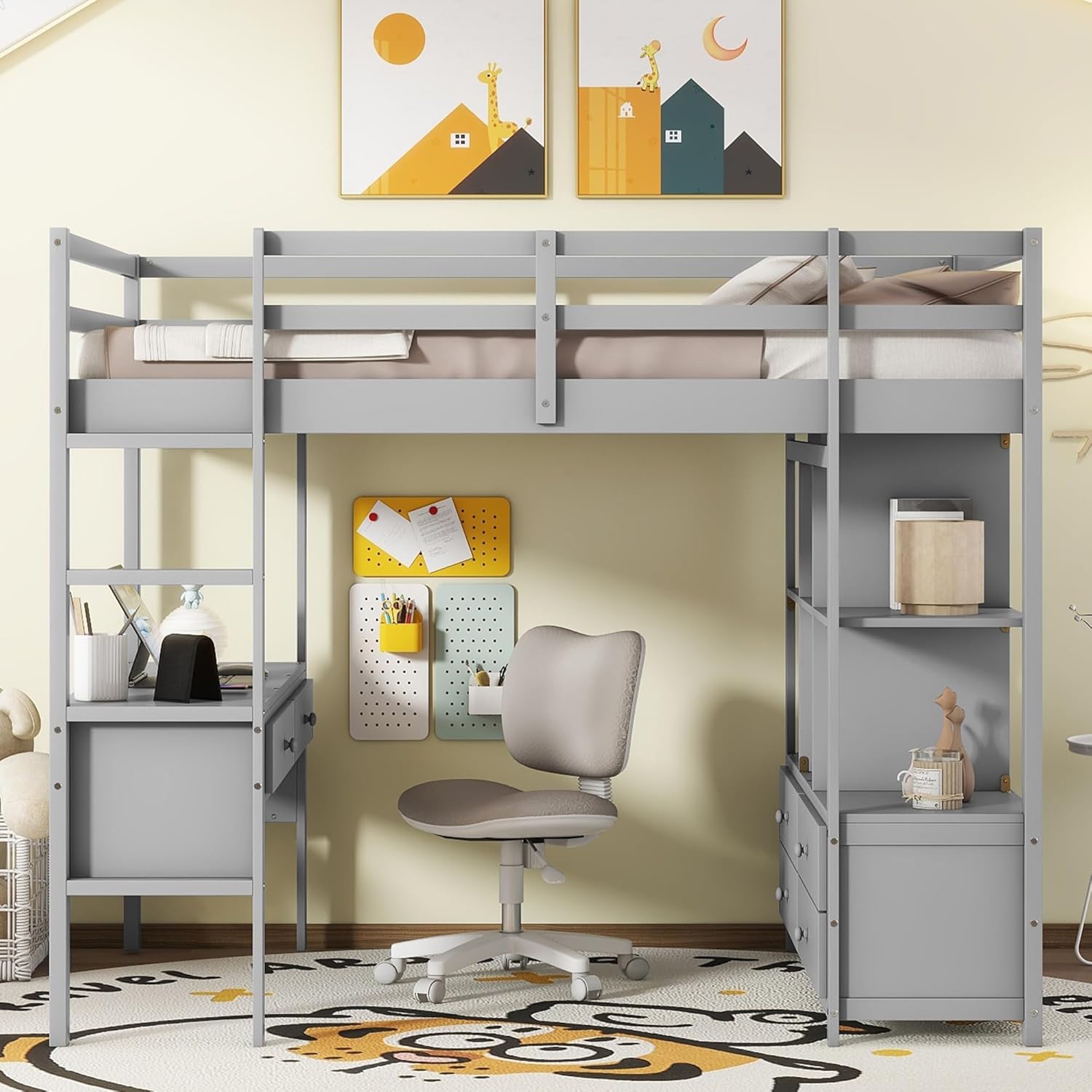 Harper & Bright Designs Full Size Loft Bed with Desk and 2 Drawers, Solid Wood Full Loft Bed with Storage Shelves and Drawers for Girls Boys Teens Adults,No Box Spring Needed,Grey