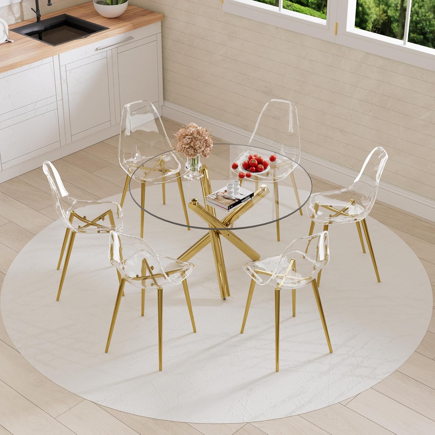 Baysitone Gold Round Glass Dining Table Set for 6, 47'' Circle Kitchen Table Set, Circular Dining Room Table Set, 7 PCS Modern Table and Chairs Set for Home Living Room, Clear Acrylic Chair