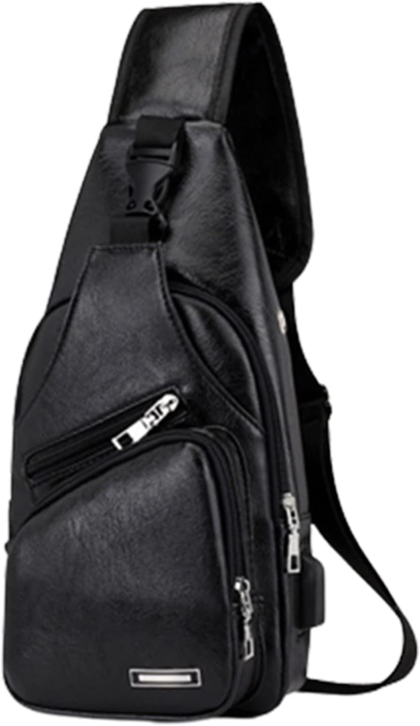 Crossbody Sling Bag,Men Women Waterproof Leather Sling Backpack Bag with USB Charging Port,Small Sling Crossbody Chest Shoulder Bag One Strap Backpack with Earphone Hole for Hiking Camping Outdoor