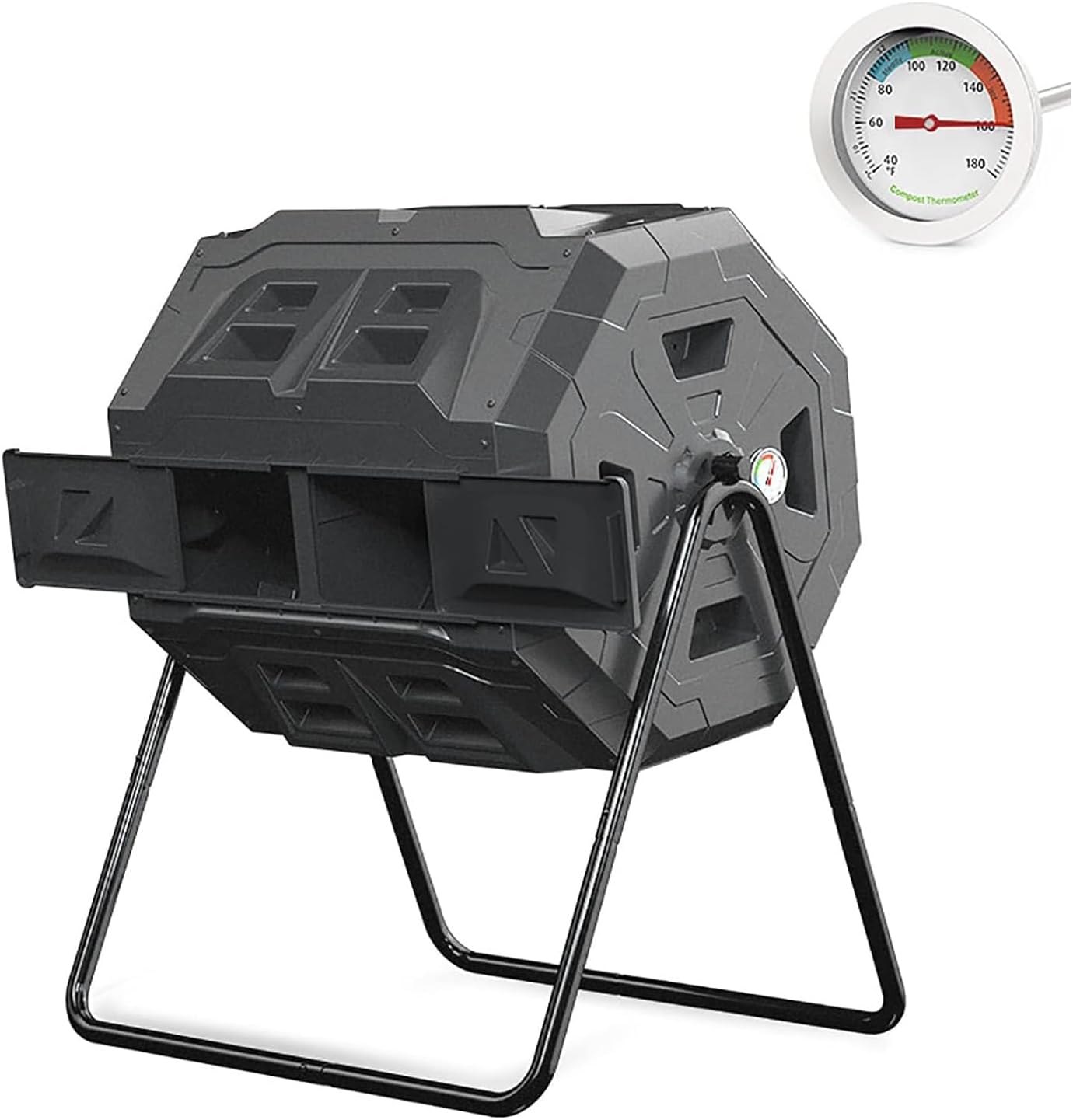 Outdoor Compost Bin, 160L Tumbling Compost Bin Outdoor Dual Chamber 360° Rotating Composter with Thermometer and Dual Chamber Sliding Doors, for Fast Creation of Fertile Soil