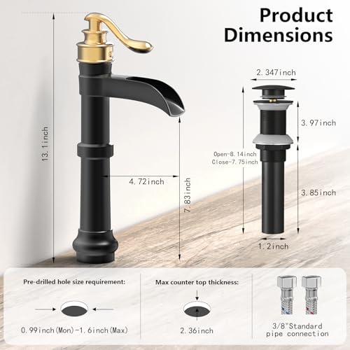 Vessel Sink Faucet, Oil Rubbed Bronze Black Bathroom Faucet, Farmhouse Waterfall Sink Faucet Single Hole with Pop Up Drain Assembly Without Overflow One Hole Mixer Tap Deck Mount