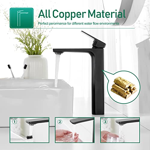 VOTON Vessel Sink Faucet Matte Black Tall Bathroom Faucet Single Handle Vanity Bathroom Sink Faucet 1 Hole Basin Mixer Tap with Water Supply Hose and Pop Up Sink Drain