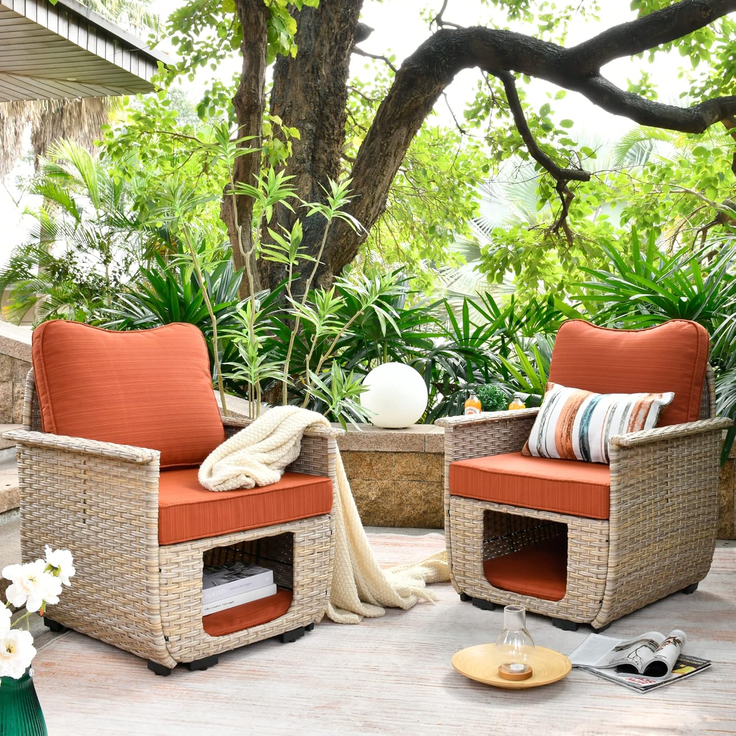 ovios Patio Chair Set Outdoor Furniture Conversation Sets with Pet House Wicker Rattan Sofa Patio Bistro Set High Back Chairs for Porch Deck Backyard (Beige Wicker-Orange Red)