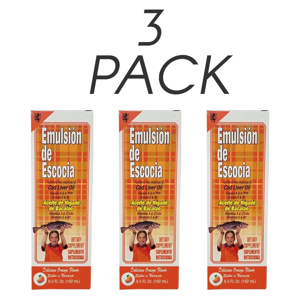 Emulsion De Escocia. Cod Liver Oil Dietary Supplement. Rich in Vitamins A, D, E and B1. Orange Flavored. 6.5 fl.oz / 192 ml. Pack of 3