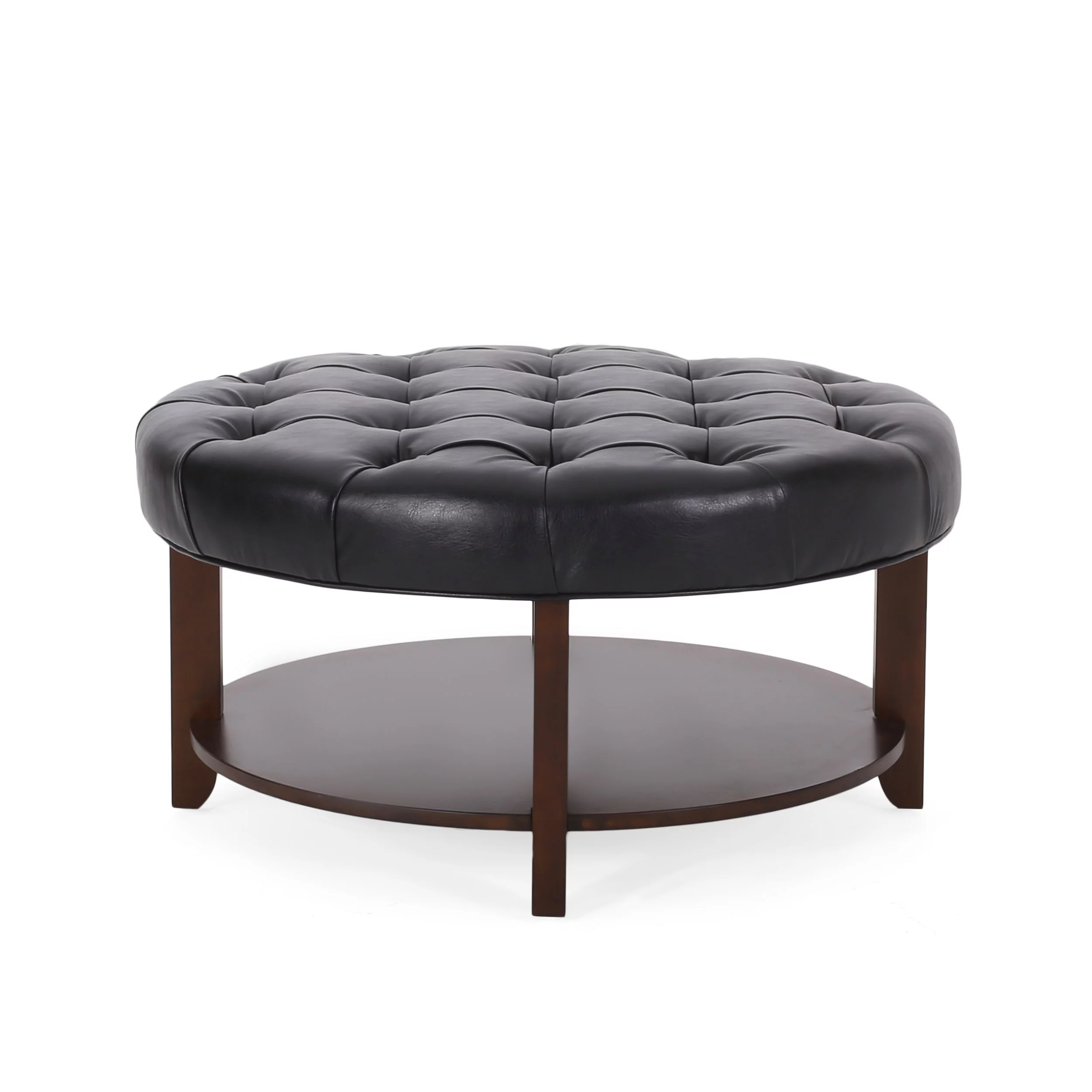 Noble House Aldrich Faux Leather and Wood Tufted Round Ottoman with Open Shelf, Midnight Black and Espresso