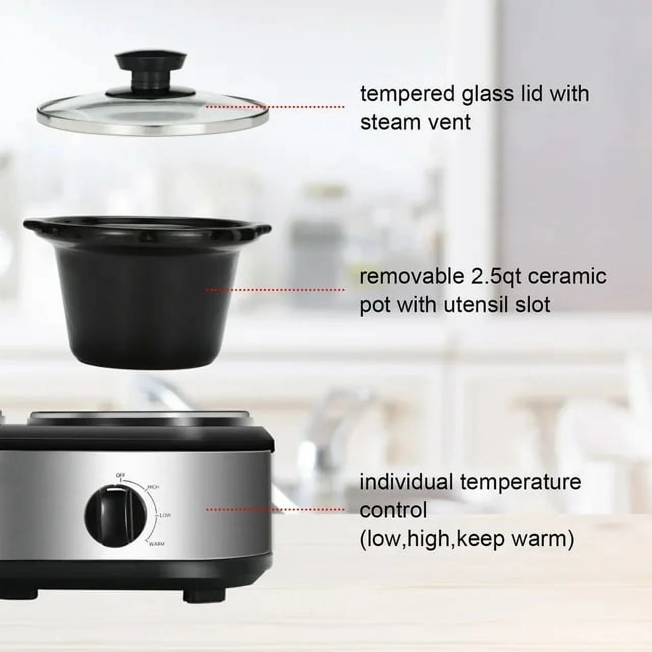 CozyHom 2.5QT Dual Pot Slow Cooker Electric Food Warmer With Adjustable Temp Stainless Steel Removable Pots Lid Rests Crock Pot