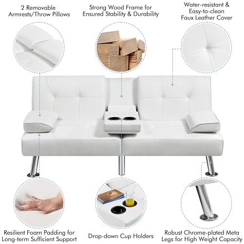 Yaheetech Convertible Sofa Bed Adjustable Fabric Couch Sleeper Modern Recliner Reversible Loveseat Folding Daybed Guest Bed, Removable Armrests, Cup Holders, 3 Angles, 772lb Capacity, Dark Gray