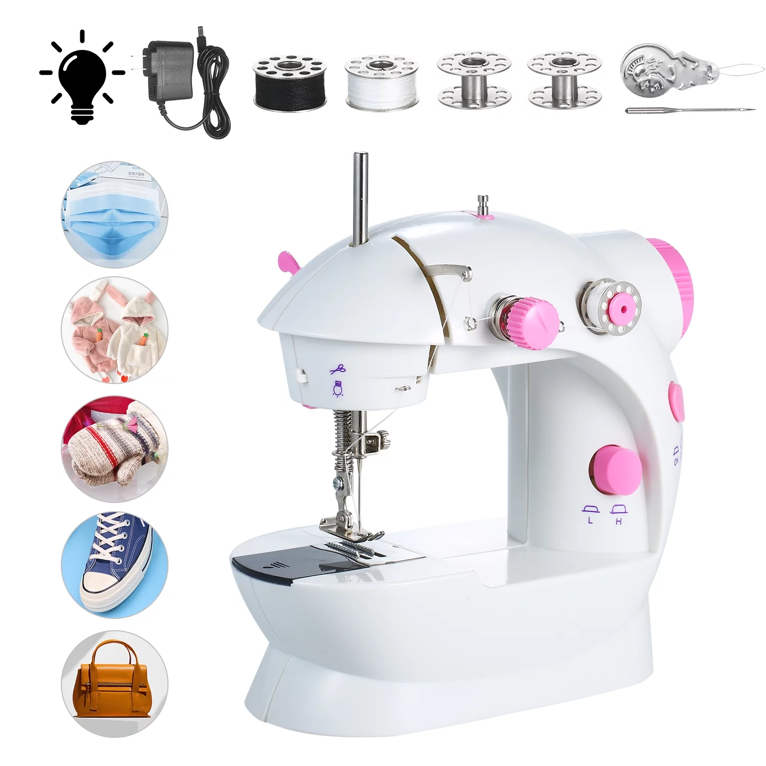 Mini Sewing Machine Adjustable 2-Speed Double Thread Portable Electric Household Multifunction Sewing Machin with Lights and Cutter Foot Pedal for Household Travel Beginner DIY