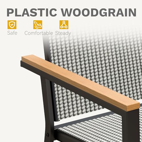 DWVO Stackable Patio Chairs Set of 2, All-Weather Patio Seating with Olefin Fabric and Faux Wood Armrests, Black & White Plaid Pattern