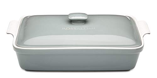 Stoneware Casserole Dish Bakeware Set with Lid, Covered Rectangular Dinnerware, Large 3.2 Quart, 11 by 9 Inch, Grigio [Grey]