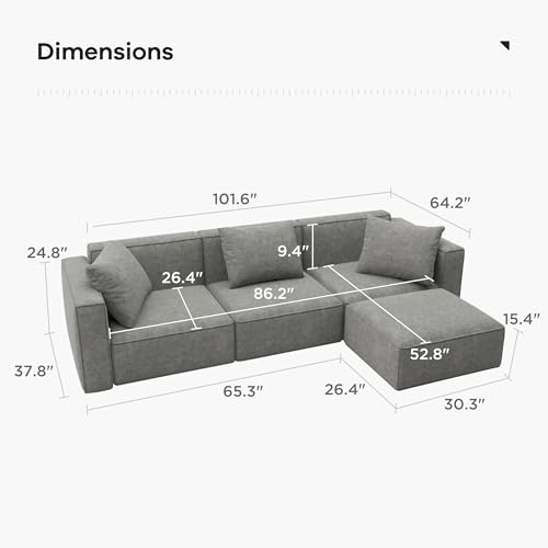 Acanva Luxury Modular Sectional Living Room Sofa Set, Modern Minimalist Style Couch with Ottoman and Chaise, L-Shape, Grey