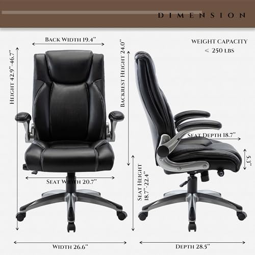 Executive Office Chair-Ergonomic Computer Desk Chair, High Back Leather Chair with Padded Flip-up Arms, Swivel Home Office Chair Upgraded Caster-Black