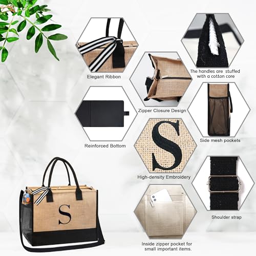 BeeGreen Mother's Day Gifts Personalized Women's Large White and Black Canvas Tote Bag, Embroidered Initials, Leather Handle, Zipper Closure