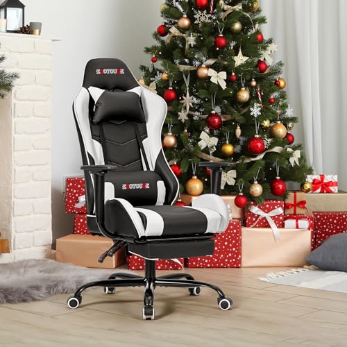 ECOTOUGE PC Massage Gaming Chair with Footrest Ergonomic Office Desk Chair Racing PU Leather Recliner Swivel Rocker with Headrest and Lumbar Pillow, Blue
