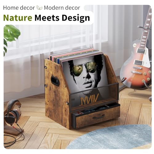 Vinyl Record Storage with Drawer, Vinyl Record Box Case Crate, Desktop Metal & Wooden LP Record Crate, Holds up to 60 Records (Antique)