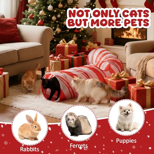 Aliceset Christmas Cat Tunnel Red Candy Cane Cat Toys Christmas Tree Kitty Tunnel Pet Xmas Interactive Safety Spring Steel Frame