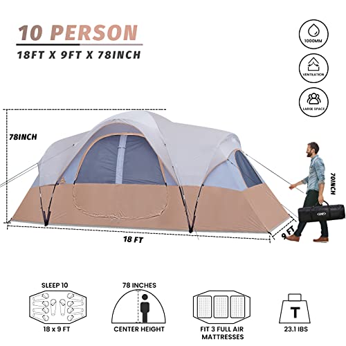 UNP Camping Tent 10-Person-Family Tents, Parties, Music Festival Tent, Big, Easy Up, 5 Large Mesh Windows, Double Layer, 2 Room, Waterproof, Weather Resistant, 18ft x 9ft x78in