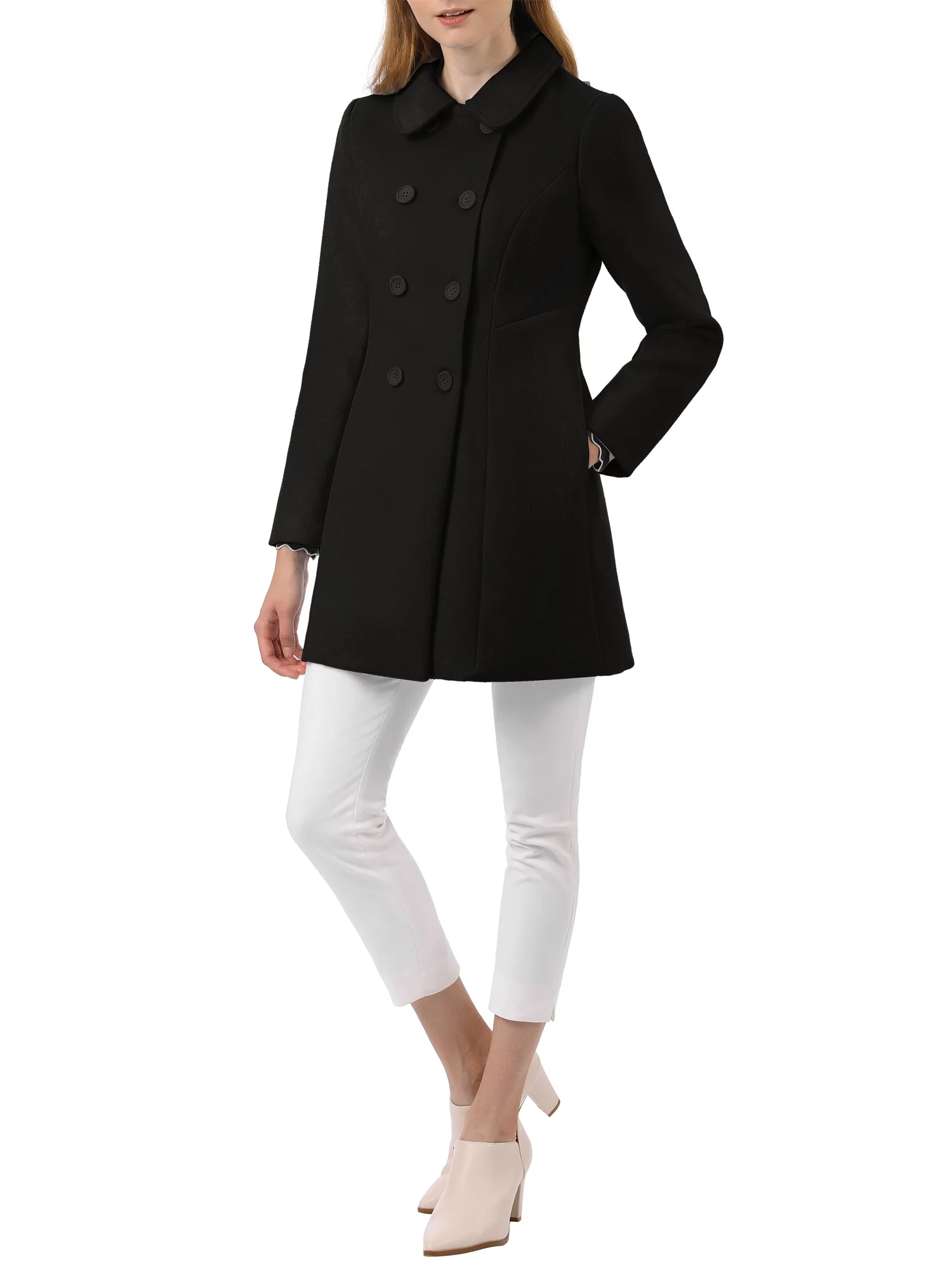 Unique Bargains Women's Peter Pan Collar Double Breasted Winter Trench Coat XS Black