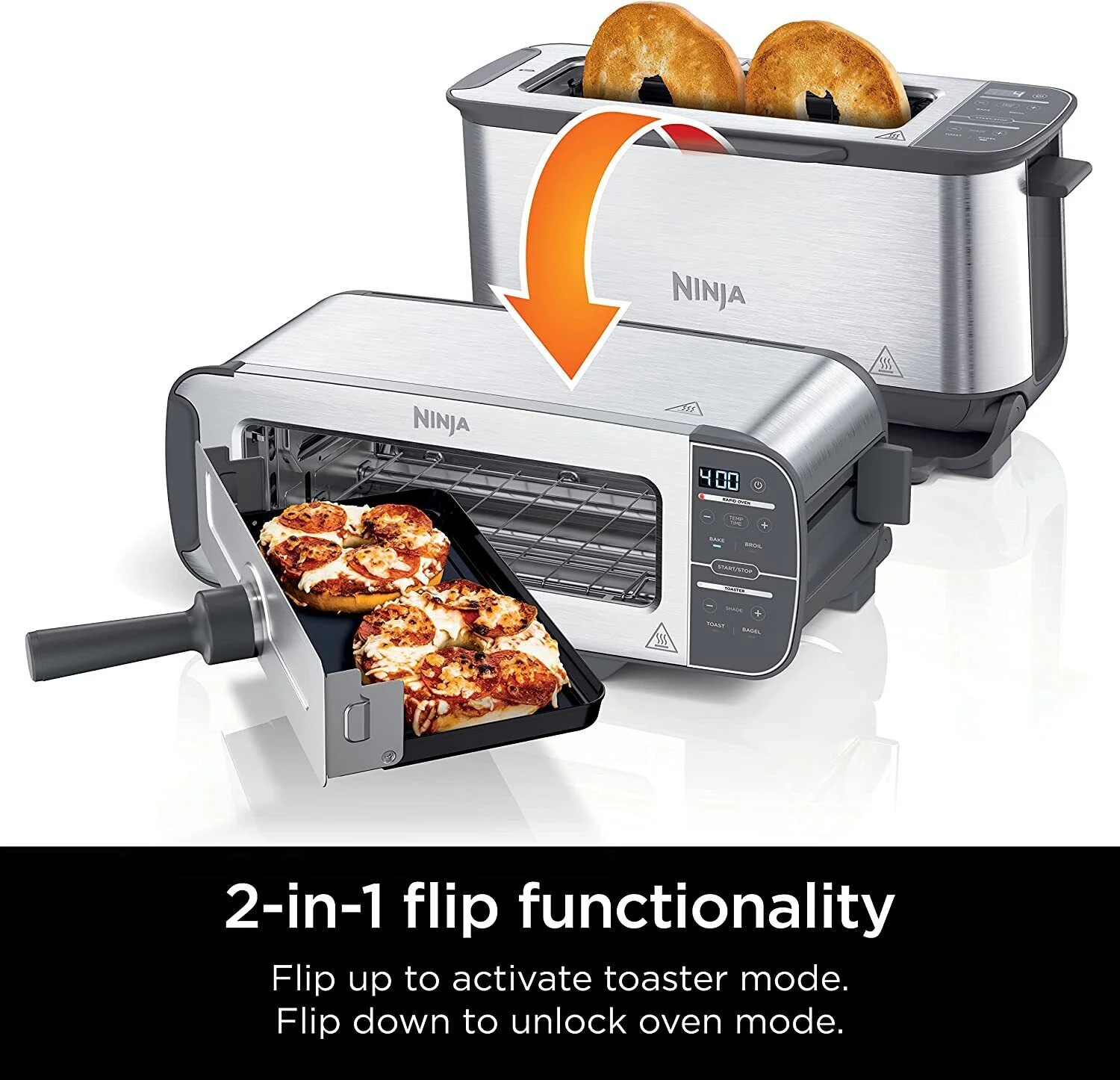 Restored Ninja ST100 Foodi 2-in-1 Flip Toaster, 2-Slice Toaster, Compact Toaster Oven (Silver)-Renewed