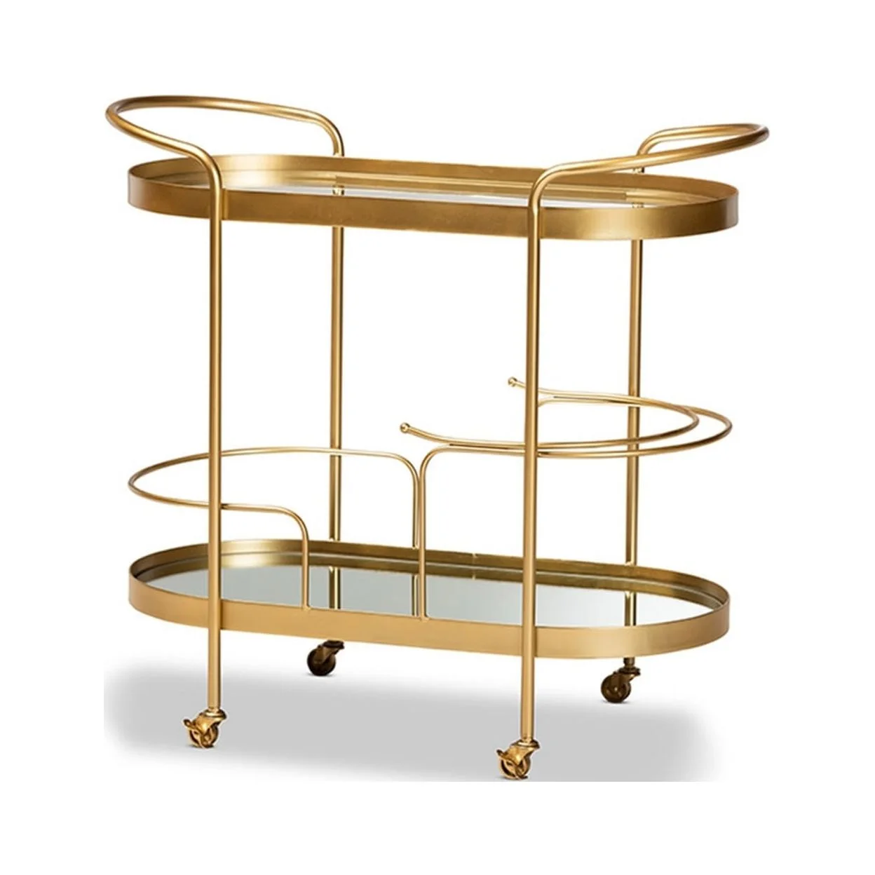 Glam Brushed Gold Finished Metal and Mirrored Glass 2-Tier Mobile Wine Bar Cart