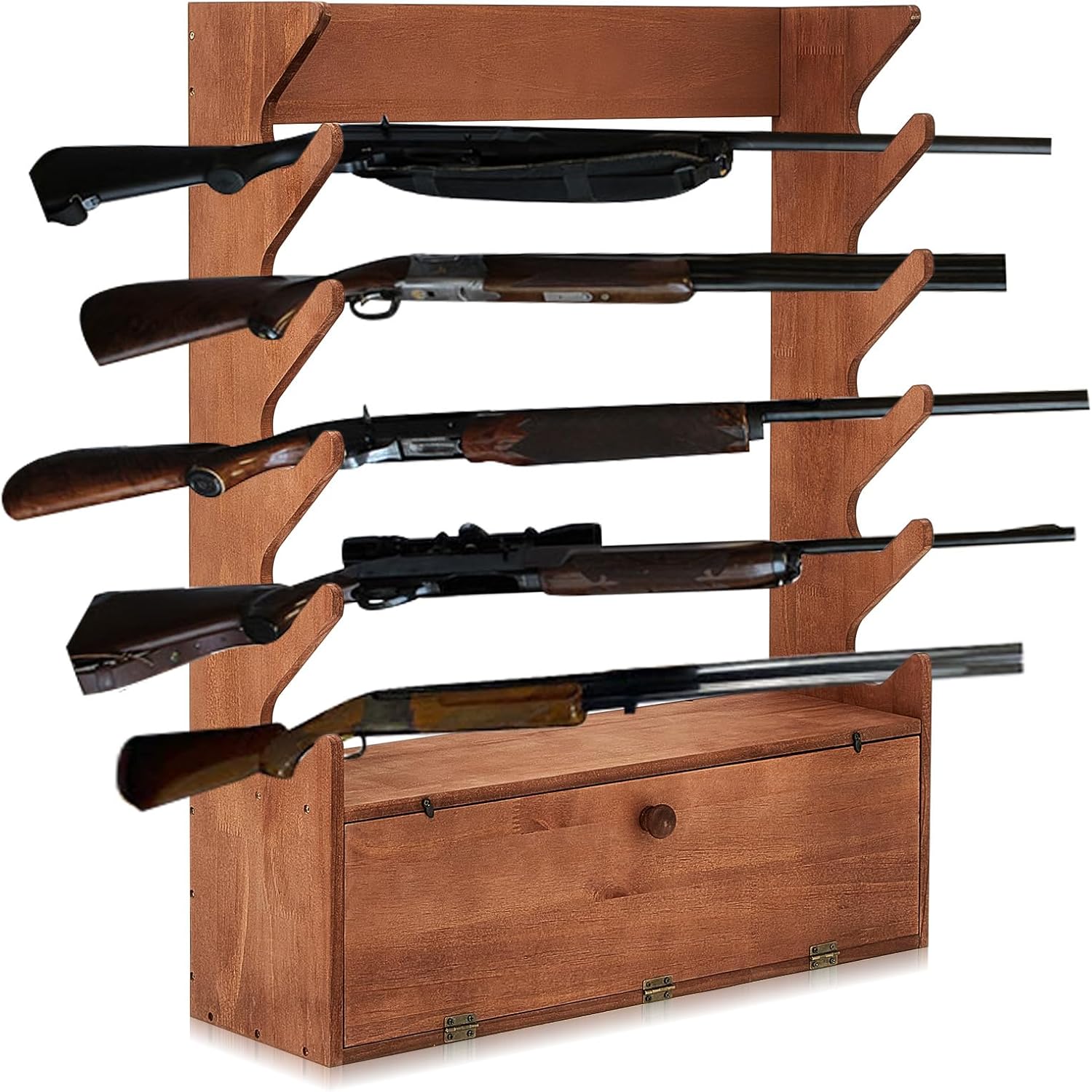 Walnut Color Gun Display Rack Pine Wood Firearm Display Rack Indoor Gun Cabinet Gun Shelf Rifle Display Case with Storage Compartment for Gun Accessories