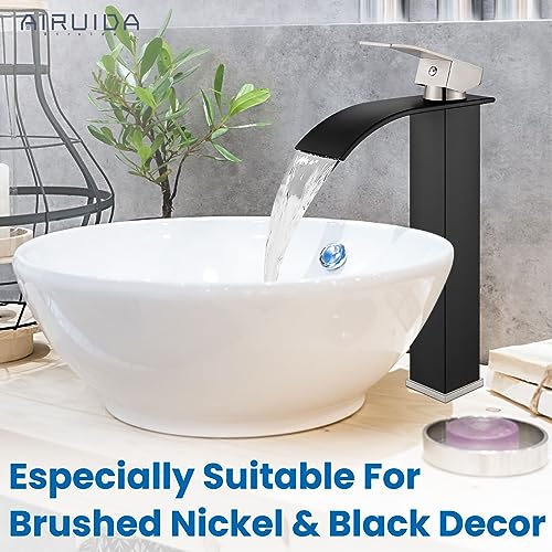Airuida Brushed Gold Tall Waterfall Bathroom Vessel Sink Faucet Modern Bathroom Vanity Faucet Single Handle Single Hole Farmhouse Bar Mixer Tap Washbasin Faucet Deck Mount