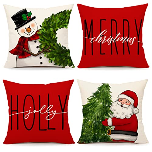 Red Christmas Pillow Covers 18x18 Set of 4 - Farmhouse Decorations With Snowman, Wreath, Santa Claus, Tree - Merry Christmas Holly Jolly Winter Holiday Decor Throw Cushion Case for Home Couch S22C17
