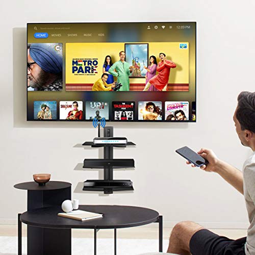 Suptek Glass Floating Shelves, TV Wall Mount with Shelf for DVD Player / PS4 / Cable Boxes/Game Consoles/Sky Box/TV Accessories, Flat Black 2-Tier Wall Mount Bracket