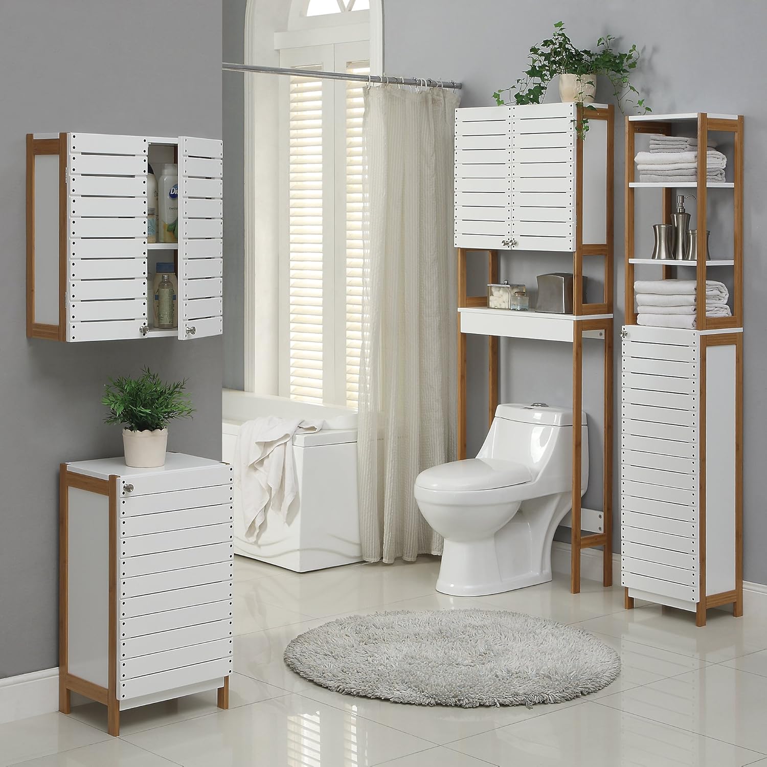 Organize It All 3 Shelf Over The Toilet Bamboo Space Saver Cabinet in White Bathroom Spacesaver
